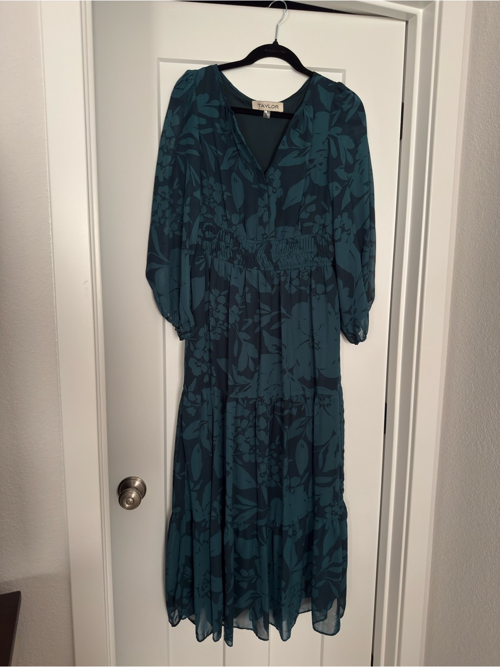 Taylor Teal Floral Tiered V-Neck Midi Dress